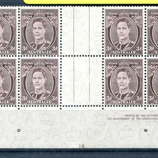 1941 3d brown KGVI bottom centre plate 14 gutter ...