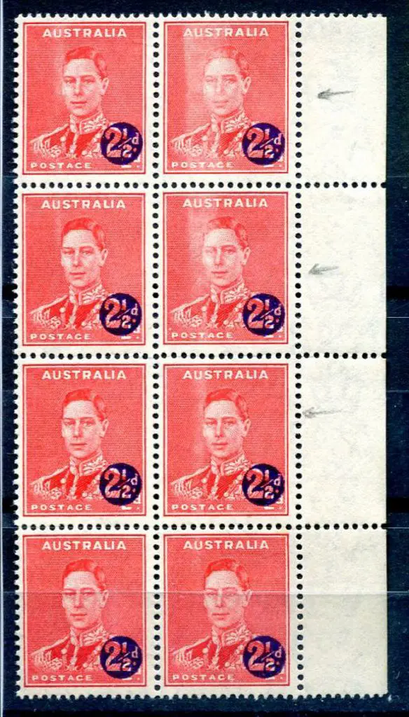 1941 2½d KGVI surcharge, right marginal block of 8 ... Image 1++