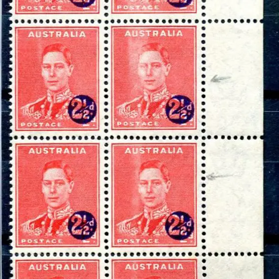 1941 2½d KGVI surcharge, right marginal block of 8 ...