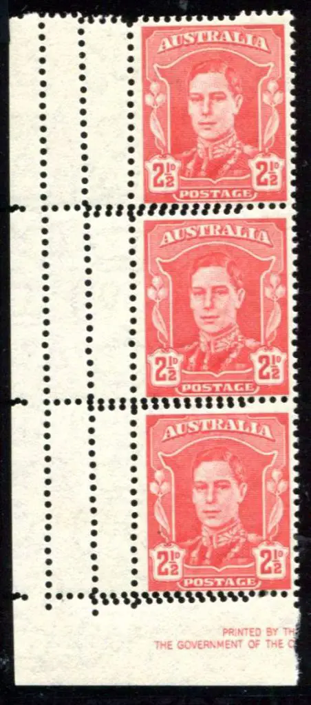 1942/50 2½d scarlet KGV vert marginal strip of 3 ... Image 1++