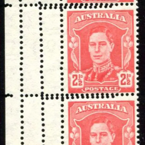 1942/50 2½d scarlet KGV vert marginal strip of 3 ...