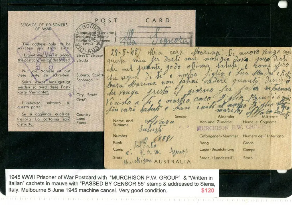 1945 WWII Prisoner of War Postcard with "MURCHISON ... Image 1++