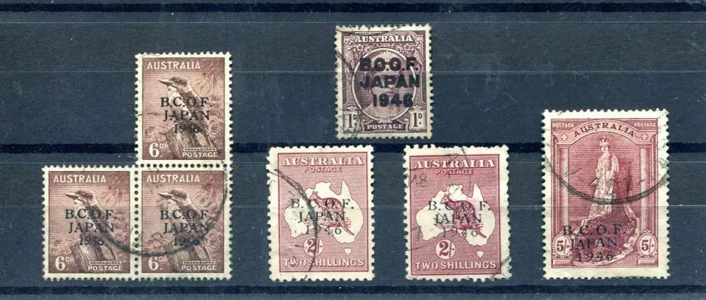 1946 "BCOF" ovpts postally used 1d, 6d in block of ... Image 1++
