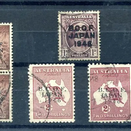 1946 "BCOF" ovpts postally used 1d, 6d in block of ...