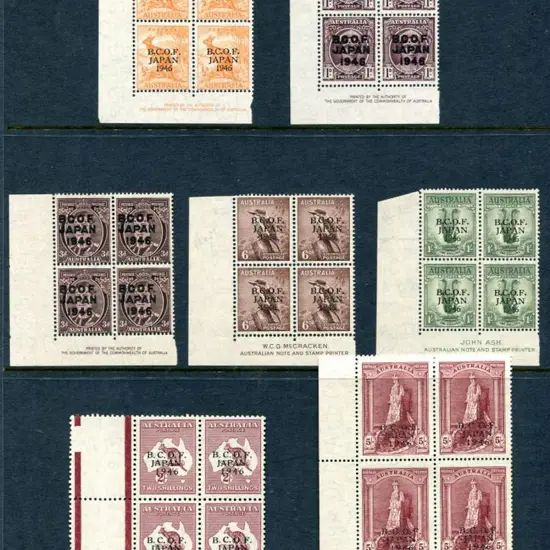 1946 BCOF set of 7 to 5/- on thin paper in By ...