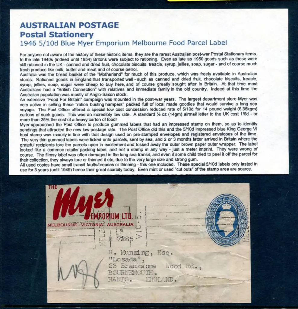 1946 5/10d blue Myer Food Parcel Label on ... Image 1++