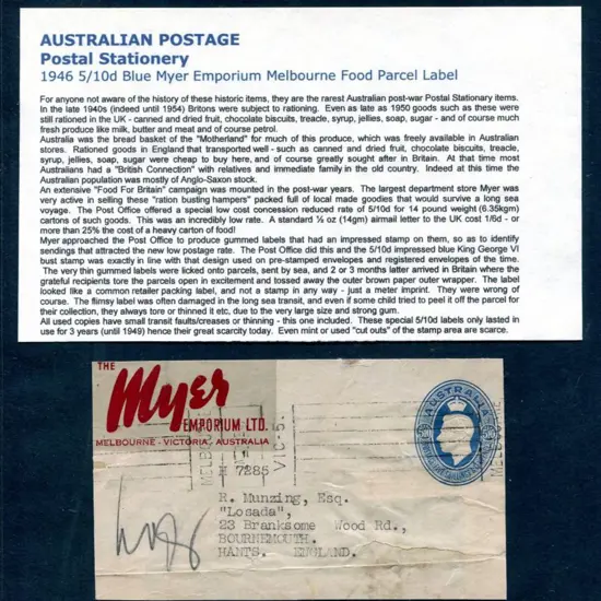 1946 5/10d blue Myer Food Parcel Label on ...