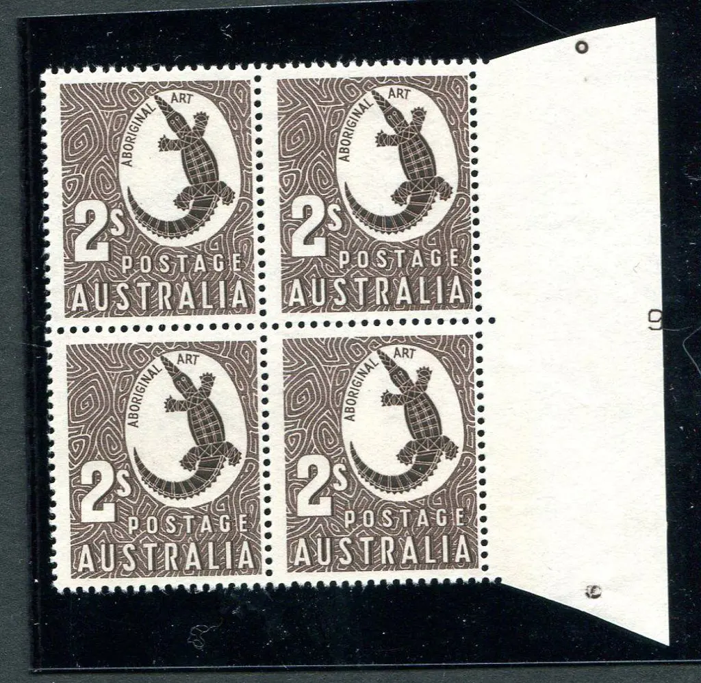 1948/59 2/- Aboriginal Art right marginal block of ... Image 1++