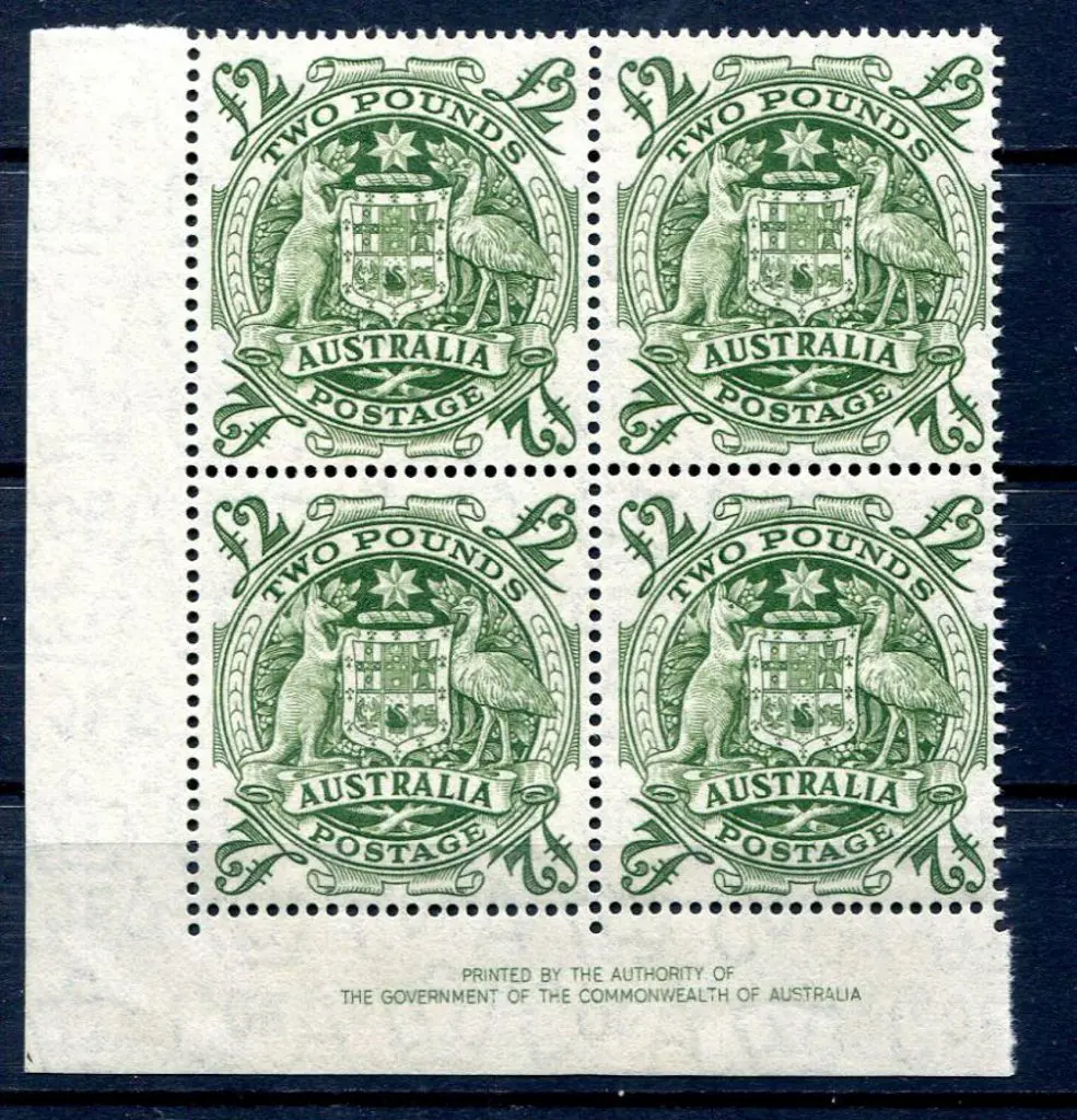 1949/50 £2 Arms imprint corner block of 4 with ... Image 1++