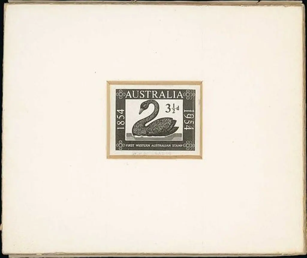 1954 3½d WA Stamp Cent black die proof on white ... Image 1++