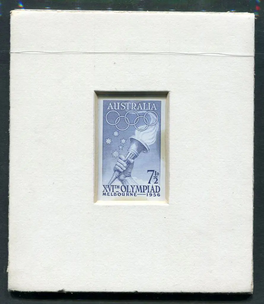1956 7½d Olympic Games blue die proof on white ... Image 1++