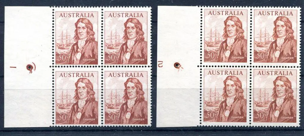 1966 50c Dampier in Plate 1 & 2 pip left marginal ... Image 1++