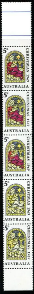 1969 5c Christmas vertical strip of 5 with bottom ... Image 1++