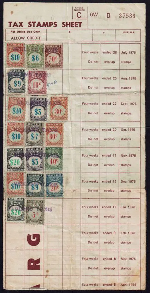 1975/76 "Tax Stamps Sheet" page with 5c x 2, 10c, ... Image 1++