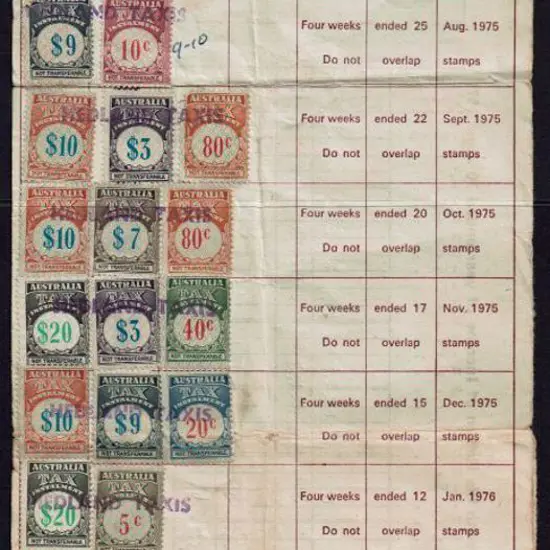 1975/76 "Tax Stamps Sheet" page with 5c x 2, 10c, ...
