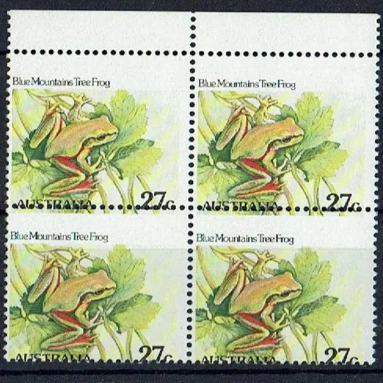 1982 27c Tree Frog top marginal block of 4 with ...