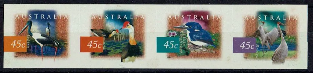 1997 45c Wetlands birds S/A strip of 4 totally ... Image 1++