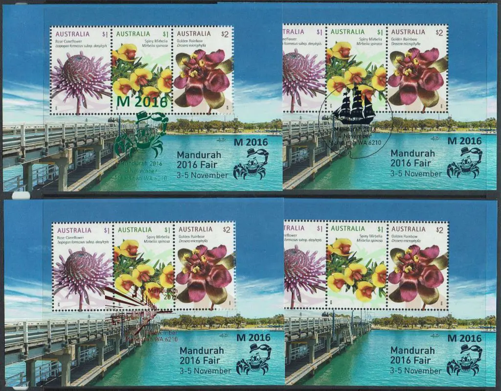 2016 $4 Mandurah Stamp Fair M/S's pmkd on each day ... Image 1++