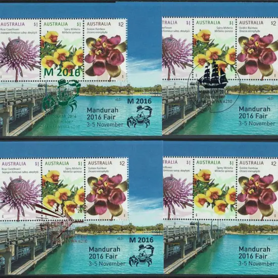 2016 $4 Mandurah Stamp Fair M/S's pmkd on each day ...