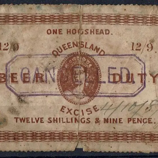 1887 12/9d Beer Duty Revenue in brown for "ONE ...