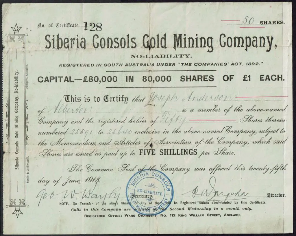 1913 (25th June) "Siberia Consols Gold Mining ... Image 1++