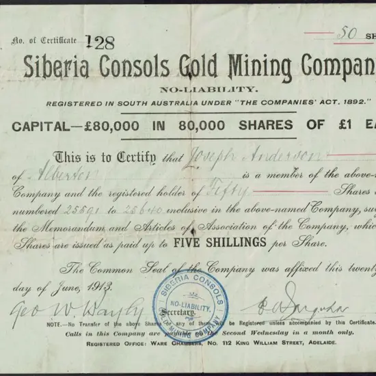 1913 (25th June) "Siberia Consols Gold Mining ...