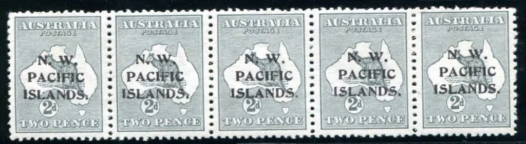 1915/16 2d grey horiz strip of 5 showing transfer ... Image 1++