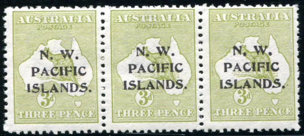 1915/16 3d yellow-olive, Die I horiz strip of 3 ... Image 1++