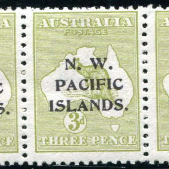 1915/16 3d yellow-olive, Die I horiz strip of 3 ...