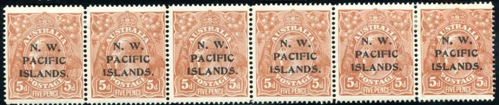 1915/16 5d brown KGV horiz strip of 6 showing ... Image 1++