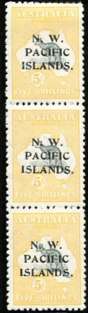 1915/16 5/- grey & yellow strip of 3 with "a", "b" ... Image 1++