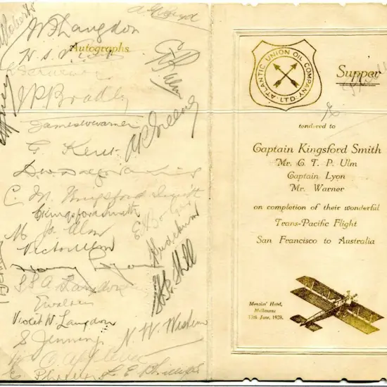 1928 (31st May) USA to Australia menu card for ...