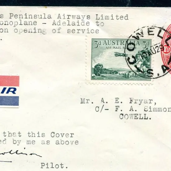 1929 (19th Aug) ditto but Adelaide to Cowell ...
