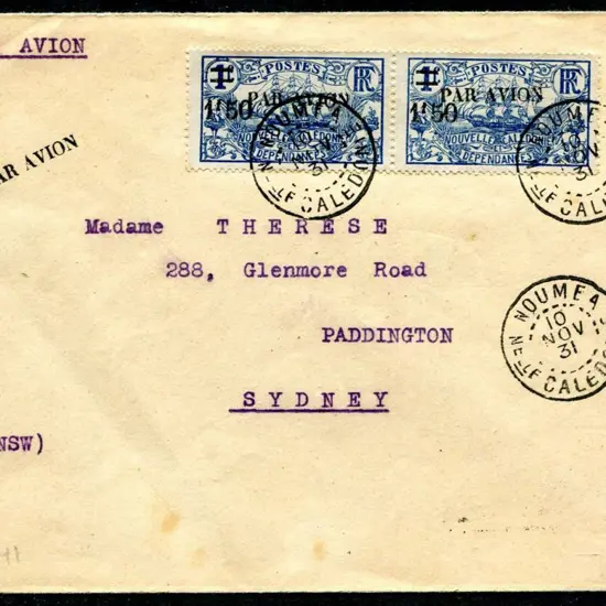 1931 (21st Nov) Noumea to Sydney cover flown by ...