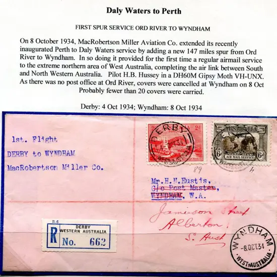 1934 (6th Oct) Ord River to Wyndham Eustis cover ...