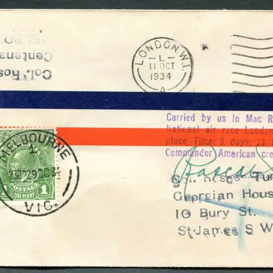 1934 (20th Oct) England to Australia MacRobertson ...