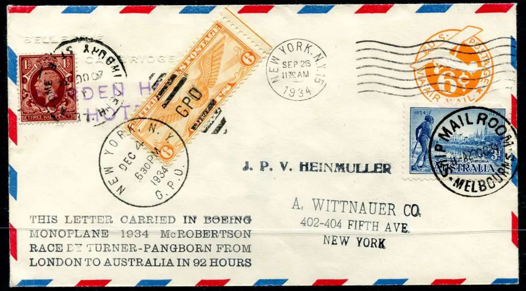 1934 (20th Oct) ditto on US 6c embossed env flown ... Image 1++