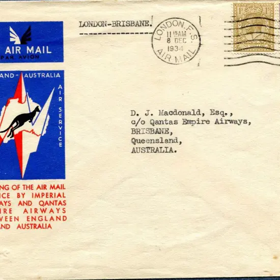 1934 (8th Dec) London to Brisbane Imperial Airways ...