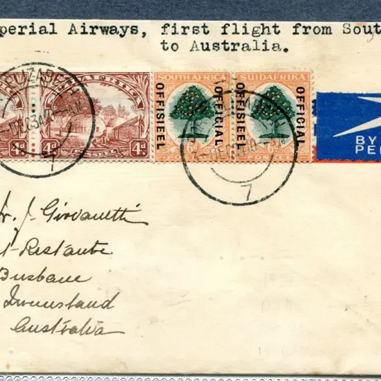 1934 (8th Dec) South Africa to Australia Imperial ...