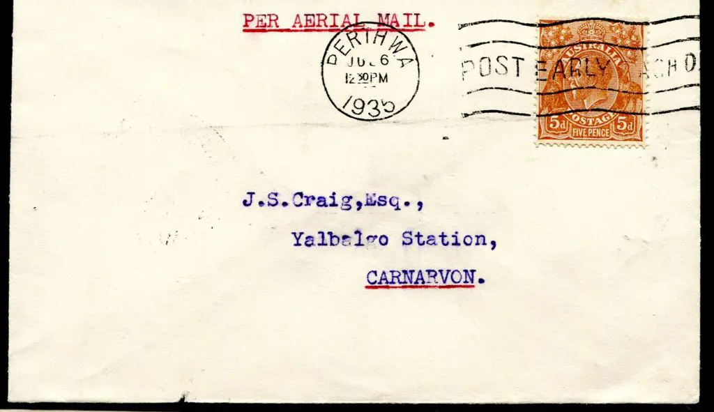 1935 (6th July) Perth to Carnarvon "Per Aerial ... Image 1++