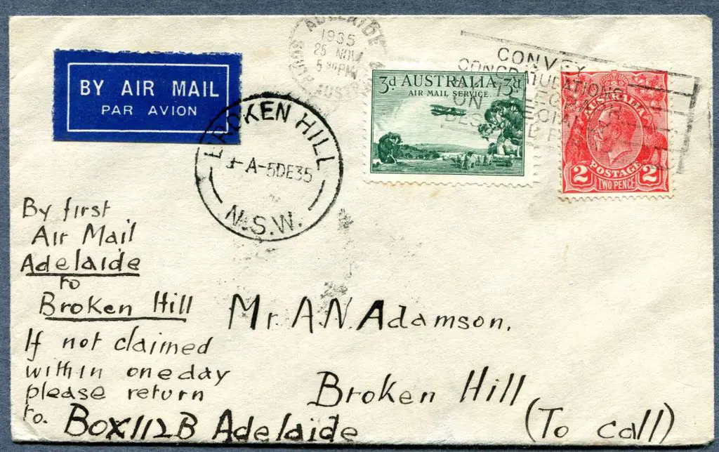1935 (26th Nov) Adelaide to Broken Hill with 2d ... Image 1++