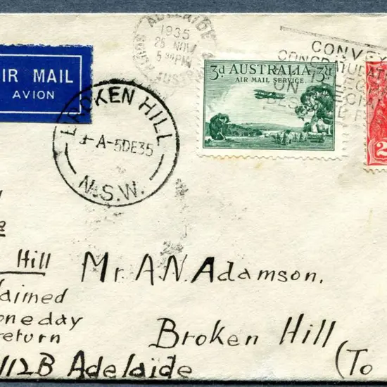 1935 (26th Nov) Adelaide to Broken Hill with 2d ...