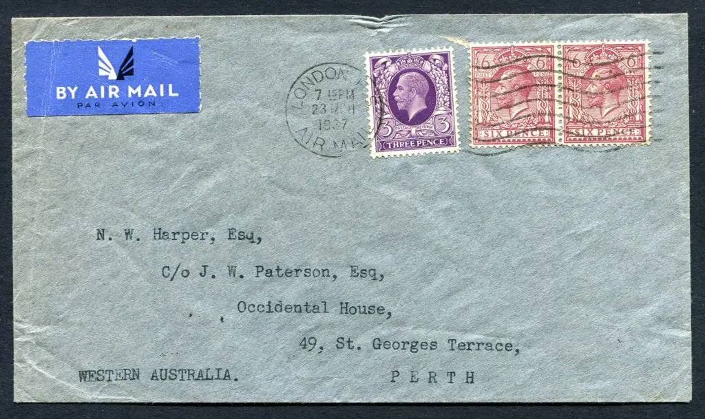 1937 (24th Mar) London to Perth typed addressed ... Image 1++