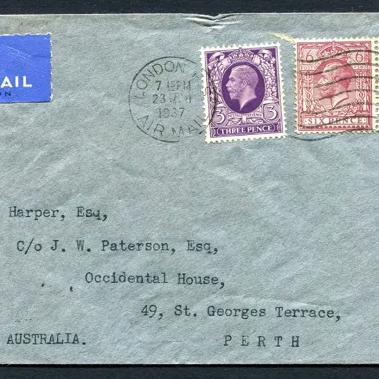 1937 (24th Mar) London to Perth typed addressed ...