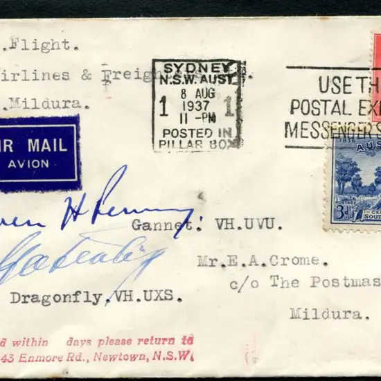 1937 (9th Aug) Sydney to Mildura with 2d KGVI & 3d ...