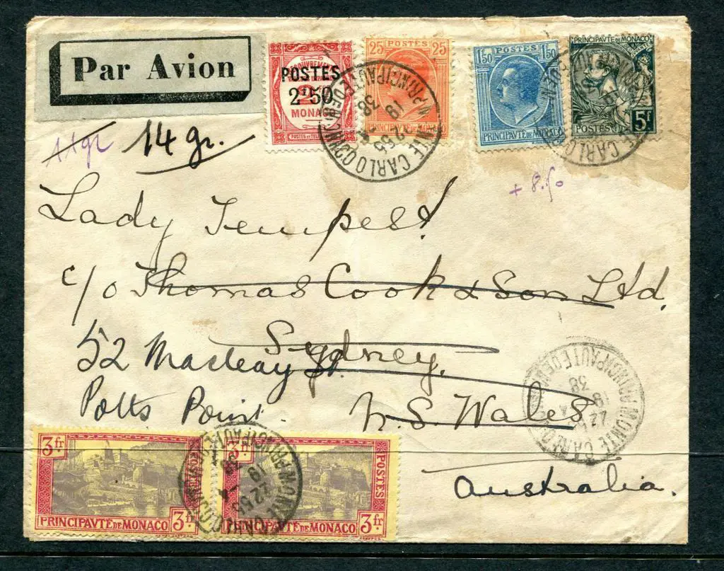 1938 (19th Apr) Monaco to Sydney where redirected ... Image 1++