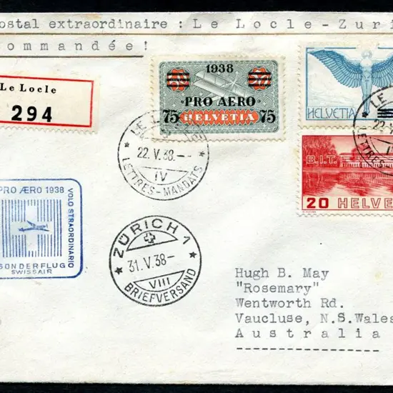 1938 (5th May) Incoming Swiss registered "Pro ...