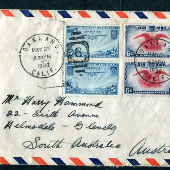 1938 (21st May) Oakland, California to Glenelg, ...
