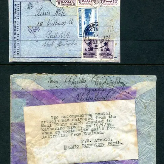 1939 (18th Jan) Thessaldniki Greece to Perth Air ...