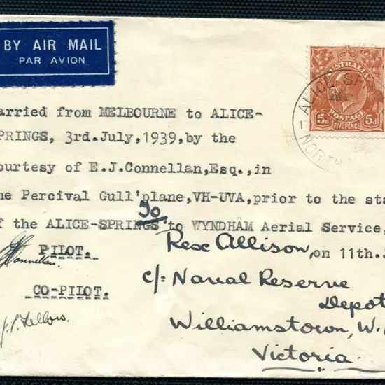 1939 (3rd July) Melbourne to Alice Springs carried ...